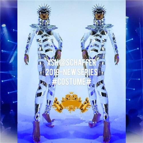 Silver Mirror Woman Party Event Clothes Stage Performance Dance Team Suit Headwear Christmas Halloween Ballroom Catwalk Costumes