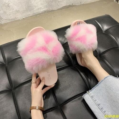 Real fox Fur Slippers Women Home Fluffy Sliders Comfort Furry Summer Flats Sweet Ladies Shoes Female Furry Indoor Flip Flops
