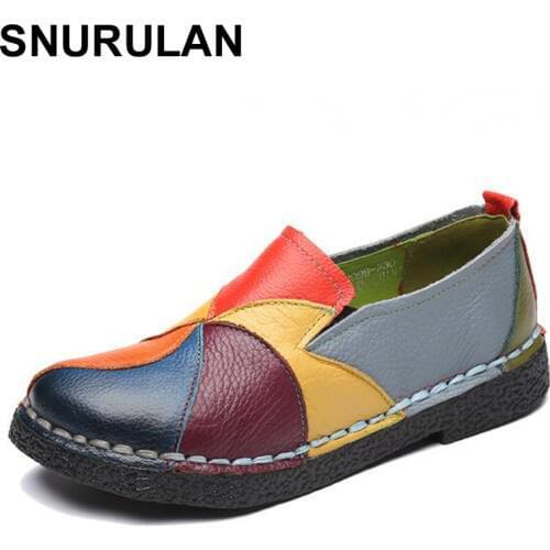 SNURULANFashion Flat Shoes Woman Loafers EthnicStyle Handmade Genuine leather Womens Shoes & Flats Mixed Color Casual ShoesE113
