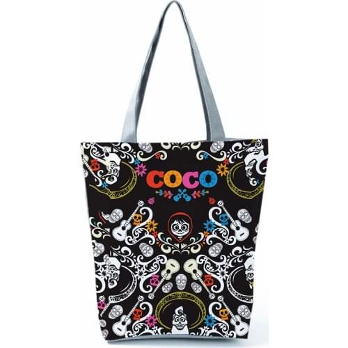Disney Coco Printed Handbags Halloween Skull Cartoon Tote Cool Casual Women Shoulder Bag Child Black High Capacity Shopping Bag