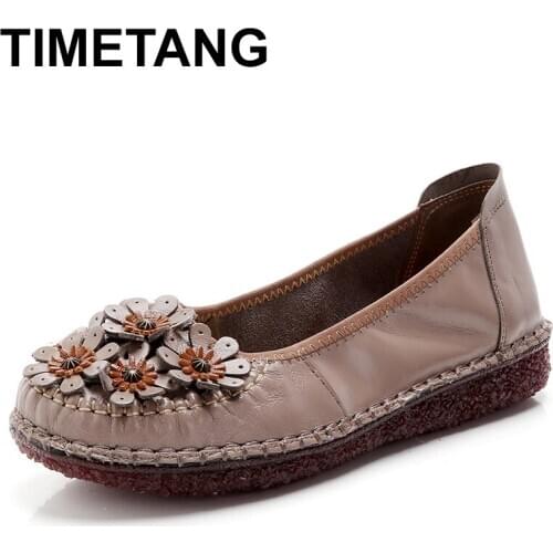 TIMETANG 2020new national style mother shoes comfortable genuine leather shoes for women beef soft bottom flat shoes with flower