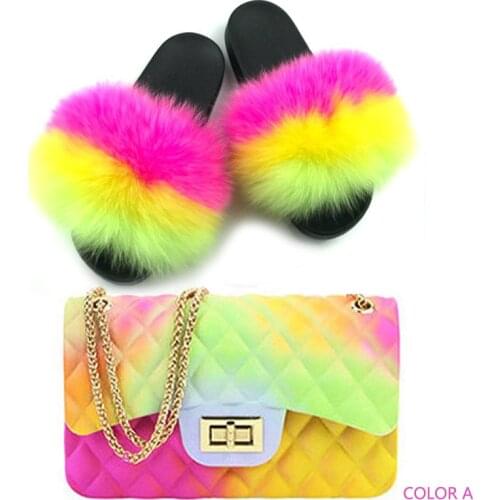 Women Jelly Chain Bag Fur Slippers Set Fashion Fluffy Fur Slides Purse Match Set Ladies Plush Furry Rainbow Fur Beach Flip Flops