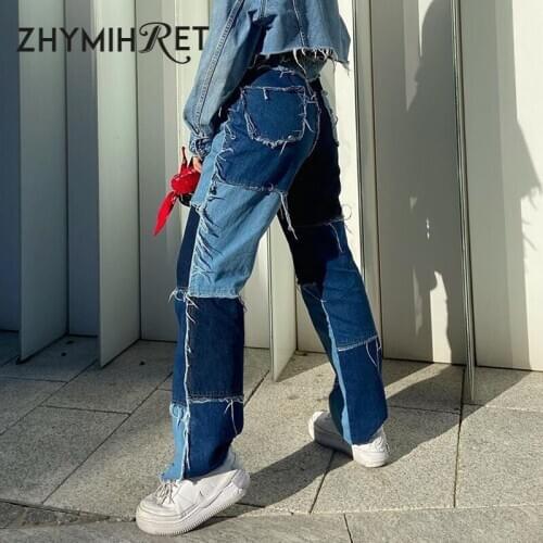 ZHYMIHRET 2020 Autumn Winter Patchwork High Waist Jeans Women Contrast Denim Pants Streetwear Tassels Zipper Straight Trousers