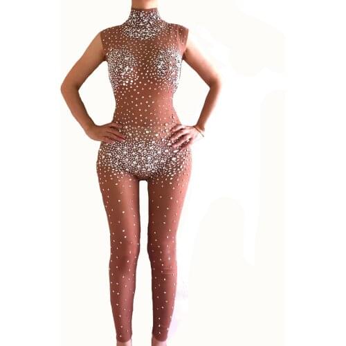Sexy Tan Mesh Transparent Silver Rhinestone Jumpsuit Birthday Celebrate Evening Stretch Leggings Women Dance Under Bodysuit