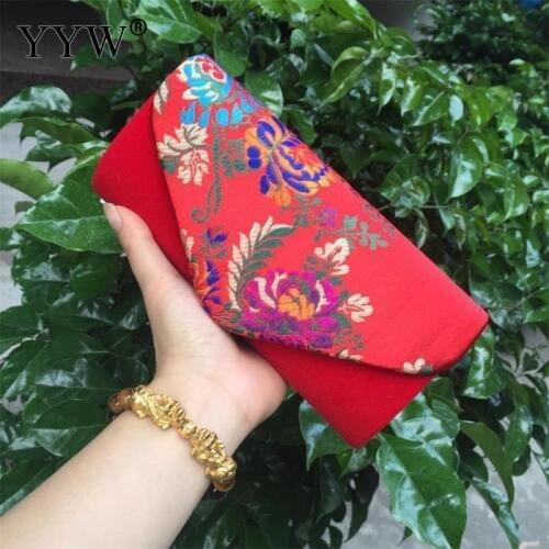 2019 Vintage Women Clutch Bag Evening Embroidered Flower Shoulder Bag With Sling Wedding Purse Bag Red Yellow Clutch Female