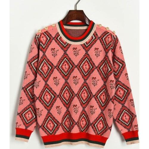 2020 Spring Women Sweater Retro Rhombus Jacquard Knit Sweater O-Neck Autumn Winter Women Sweaters and Pullovers Knitted Tops