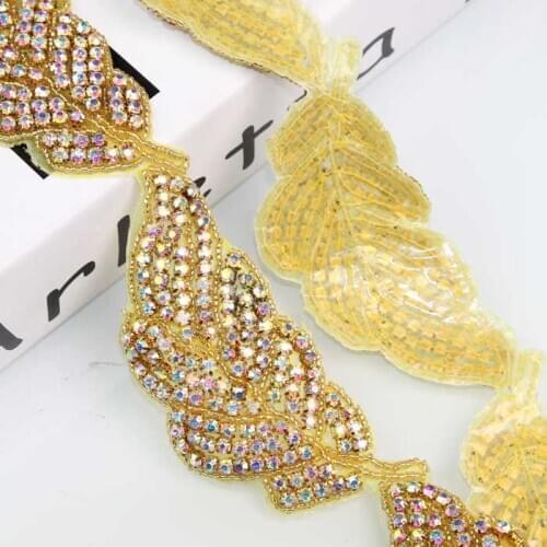 10Yards Rhinestones Applique AB Diamond Crystals Trim For Bridal Belt Sashes Gold Base Stones Applique