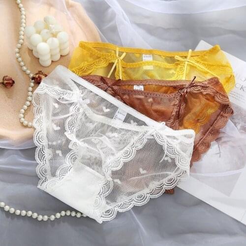 5 colors/Japanese cute mesh low-waist transparent lace panties female sweet girl bowknot solid color perspective briefs sexy