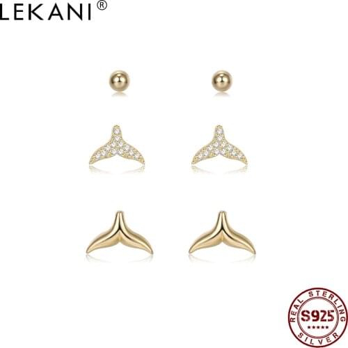 925 Sterling Silver For Women Full Clear CZ Fish Tail & Round Tiny Cute Earrings Sets Luxury Gold Stud Earring Jewelry