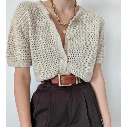 American Retro Hollow-out Knitted Short-Sleeved T-shirt for Women Trendy Summer Niche Design All-Matching t shirts