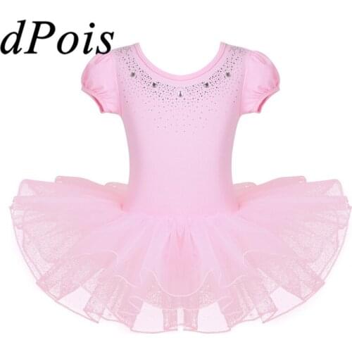 Kids Girls Mesh Tutu Ballet Dress Ballerina Sparkly Rhinestones Gymnastics Leotard Tutu Dress Costumes Performance Dance Wear