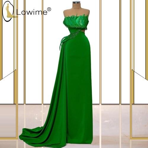 Feathers Green Strapless Long Evening Dresses Beads Cut-out Satin Prom Party Gowns Vestidos De Noche Formal Dresses