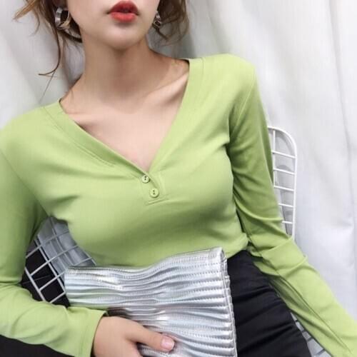 Women Spring Summer Style Sexy T-Shirts Tops Lady Casual Slim V-Neck Strap Collar Long Sleeve Sexy Tees Tshits ZZ0121