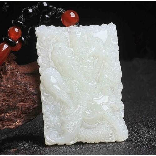 FYJS Unique Handmade Weave White Agates Engraved Loyal Guan Yu Pendant Rope Chain Necklace Classic Style Jewelry