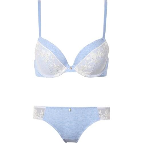 Cotton Bra and Panties Set Push Up Floral Embroidery Bra with Sequin Mesh Patchwork Lingerie Underwear Women