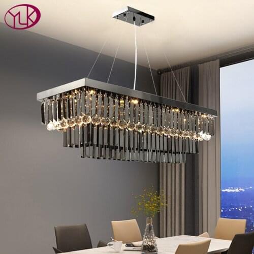 Black modern crystal chandelier for dining room rectangle kitchen island smoky gary cristal lamp luxury home decor hanging light