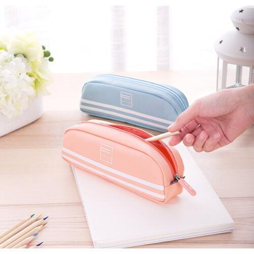 Stationery Pencil Bag Pupil Pencil Box Accepts Pure Three-pocket Pu Flax-like Large Capacity Multifunctional Zipper Bag