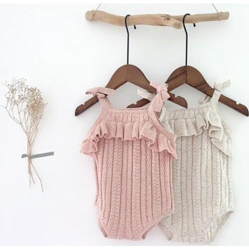 Ruffles Lace Newborn Baby Girls Romper Cotton Knitt Sleeveless Handmade Bowknot Jumpsuit for Toddler Girls Children Clothing