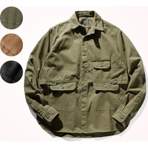 2020 Autumn Work Jacket Mens Japanese Retro Fashion Loose Pure Cotton Fishbone Woven Thick Long Sleeve Lapel Shirt Thin Coat