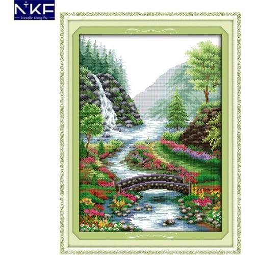 NKF Bridge River Pattern Handmade Craft Needlework Cross Stitch Set Embroidery Kit Scenery Design Stitching Home Decoration