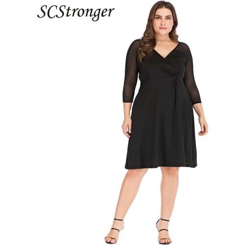 SCSTRONGER Autumn V Neck Plus Size Dress Pure Color Mesh Stitching Long Sleeved Waist Elegant Long Dress Vestidos De Fiesta