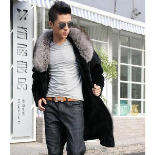 Autumn faux mink leather jacket mens clothes winter thicken warm fur leather coat men slim jackets big fur collar fashion black