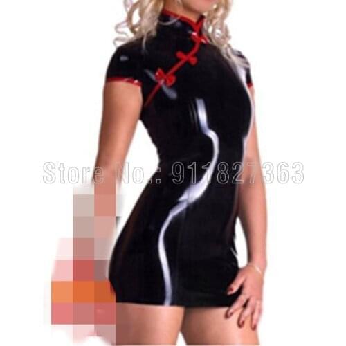 Natural Latex Dress Short Sleeve Black w Red Trim Club Wear Fetish Rubber Female Dress cheongsam Style w Back Zipper Customized