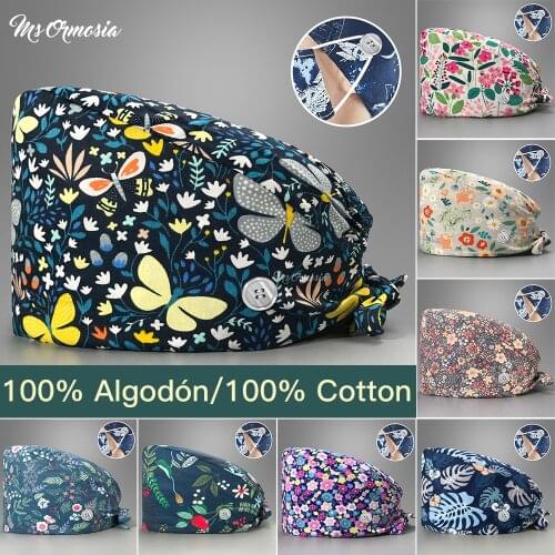 100% Cotton Cartoon Print Flower Nursing Cap Ladies Dentist Cap Pet Clinic Nurse Cap Laboratory Scrub Cap Beautician Accessories