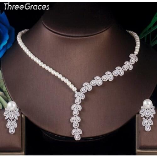 ThreeGraces Delicate Cubic Zirconia Pave Women Wedding Leaf Simulated Pearl Big Necklace and Earrings Bridal Jewelry Sets TZ540