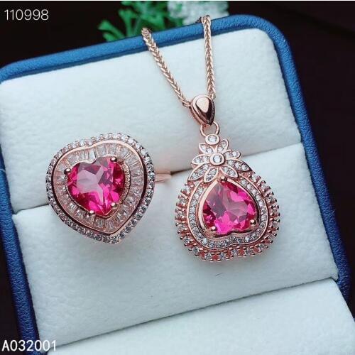 KJJEAXCMY fine jewelry natural pink topaz 925 sterling silver women gemstone pendant necklace ring set support test luxury