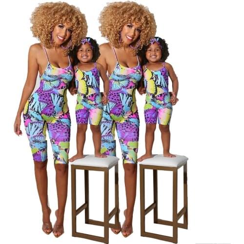 Womens 2021 Summer New Butterfly Sling Parent Child Suit family matching clothes mommy and me clothes Print Casual