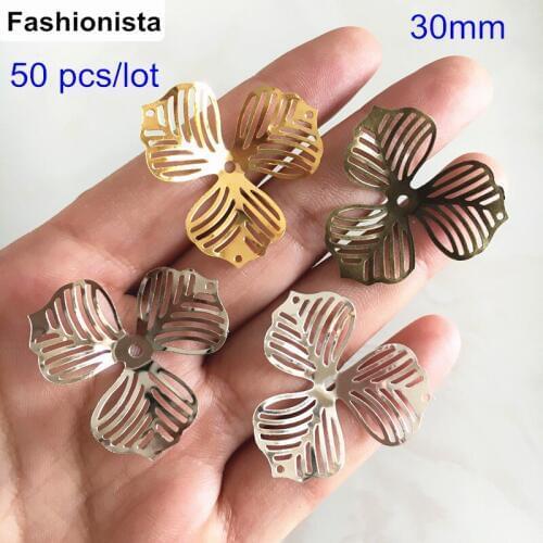 50 pcs Big Leaf Flower Bead Caps,30mm Metal Flowers For Jewelry Making,Gold-color,Silver-color,Bronze,Steel - Free Shipping