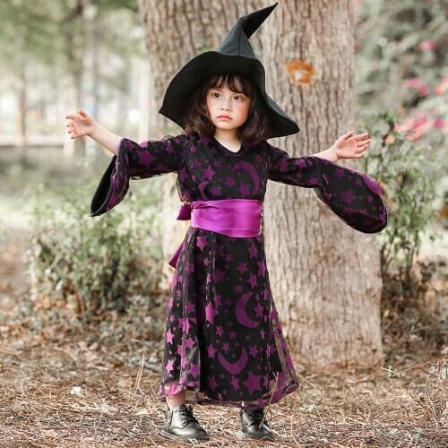 Umorden Kids Child Purple Star Moon Sorceress Witch Costume Cosplay Fantasia Halloween Costumes for Girls