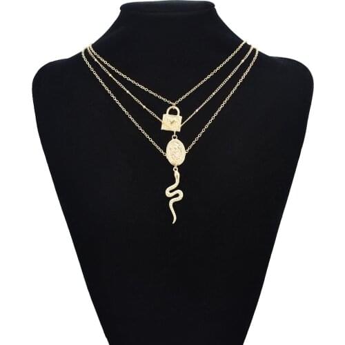 Gothtic Gold Multilayer Snake Heart Necklace For Women Bohemian Animal Green Beads Chain Lock Necklaces 2021 Trendy Jewelry