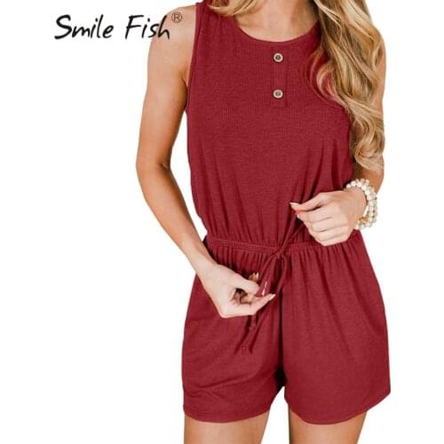Sleeveles Playsuit Solid Casual Buttons Tunic O-Neck Short Home Jumpsuit Pockets Chic Women Summer Clothes Off Shoulder G1455