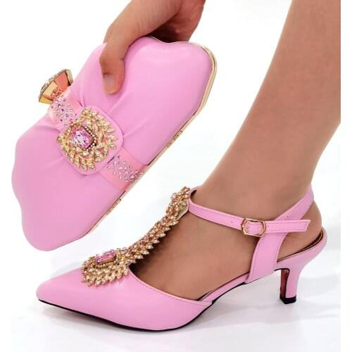 Beautiful Pink Thin Heels 6.8CM Women Shoes Match Purse With Crystal Decoration African Dress Pumps And Handbag Set CR661