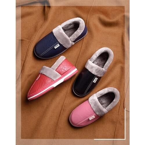 Fur Slippers Winter Mens Shoes Leather Home Indoor Non-Slip Lover Slides Men Warm Waterproof Winter Slipper