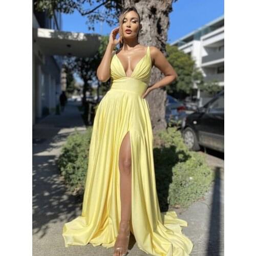 Charming Women Evening Dress High Wasit V-neck Side Split Satin Long Prom Dresses