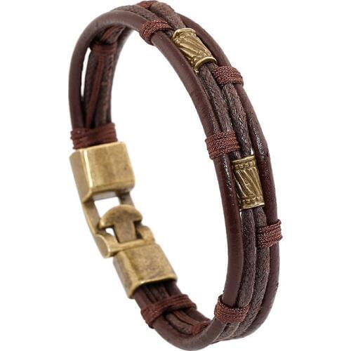 H-grade Casual Vintage Punk Wrap Brown Genuine Leather Alloy Bronze Charm Cuff Men Bracelets For Women Homme Femme Men Jewelry