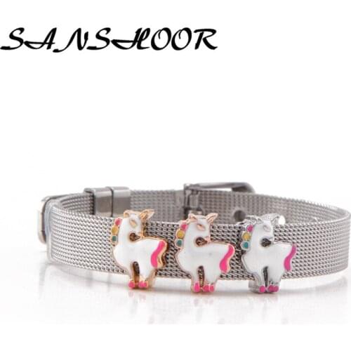 SANSHOOR New Arrival UNICORN Kids Slide Keeper charms Fit Mesh Stainless steel Bracelet Bangle For Girls Gifts 6Pcs