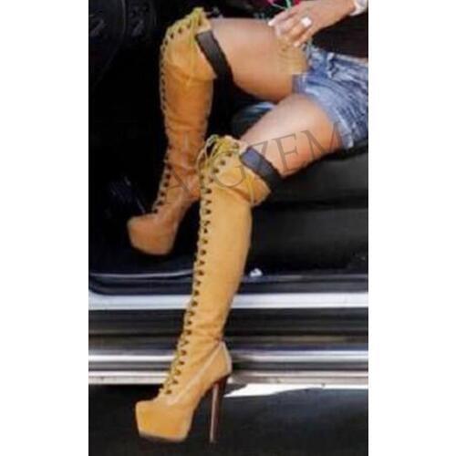 LAIGZEM Over Knee Boots High Heel Women Faux Suede Platform Lace Up Tall Wide Calf Boots Shoes Botines Mujer Large Size 34-52