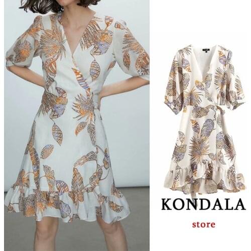 KONDALA Za 2021 Chic Floral Vintage Chiffon Mini Dress Short Puff Sleeve Ruffles V Neck Fashion Autumn Dress Elegant Vestidos
