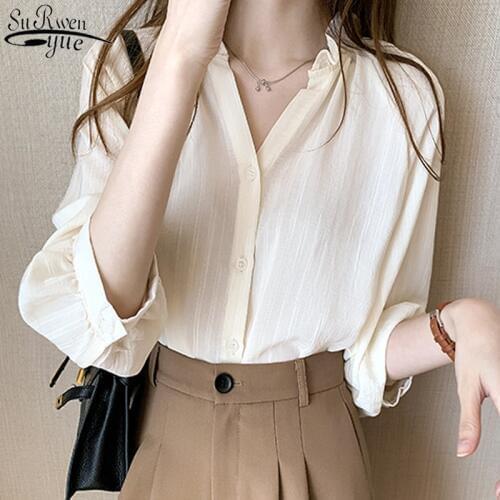 Gentle V Neck Puff Sleeve Top Female 2021 Autumn New Long Sleeve Womans Shirts Plus Size Women 4XL Cotton Womans Blouses 10481