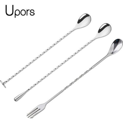 UPORS 10Pcs Bar Spoons Cocktail Shaker Mixing Spoon Stainless Steel Cocktail Spoon Muddler Bartender Tools Wholesale