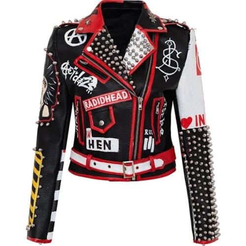 New Fashion Womens Graffiti Rivet beading Pu Leather Coats Women Chains Sticthing Leather Jacket Punk Rock Cropped Jacket Y566