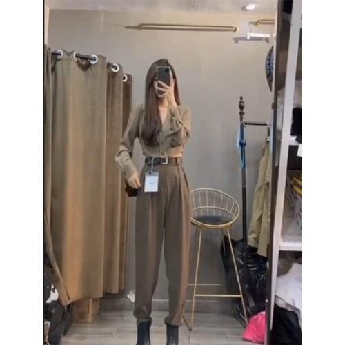 New Spring 2 Piece Long sleeves Blouse Women Long sleeves Vintage Solid Blouse long pants