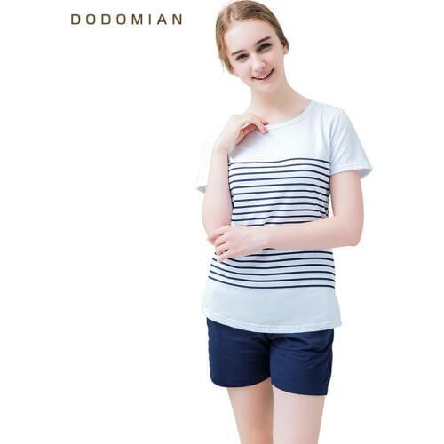 Women Pajamas Sets Cotton Shorts Round Neck Striped Summer Sleepwear for Women 2 Pieces Soft and Comfort Homewear Pijamas