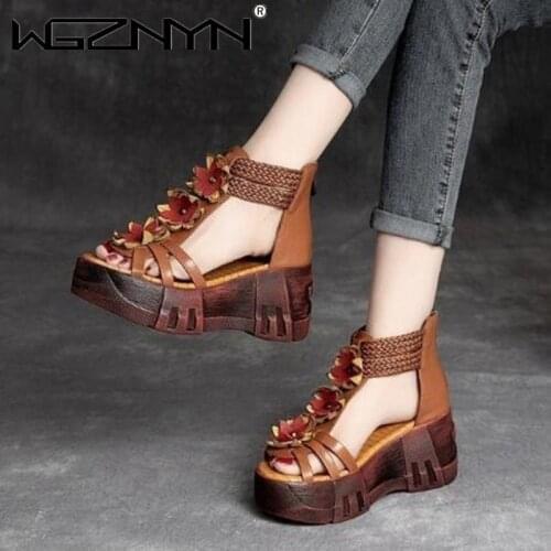 NEW Women Sandals 2021 Ladies Summer Flowers Sandals Shoes Women Wedges Heels Fashion Summer Genuine PU Leather Shoes Platform
