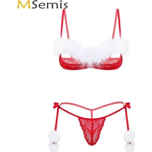 Women Christmas Sexy Cosplay Lingerie Set Porno Sheer Lace Nightwear Sissy Lenceria Open Cup Feather Trim Bra with String Briefs
