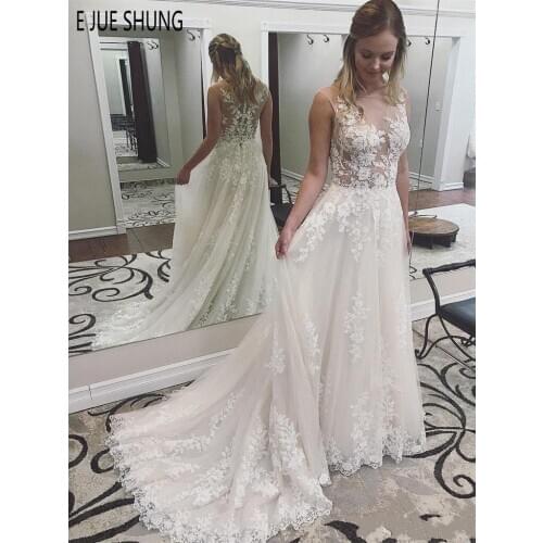 EJUE SHUNG Summer Boho Wedding Dresses Sheer Scoop Neck Lace Appliques Illusion Corset Button Back Bridal Gowns Vestido De Novia